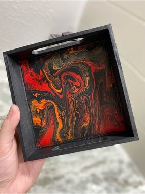 Hand Crafted Wooden Tray W/ Red & Orange Swirl Art